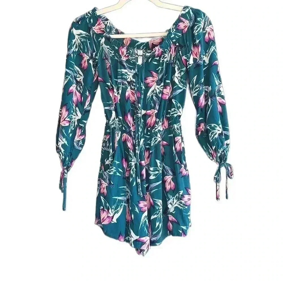 New Xhilaration Teal & Pink Tropical Floral Print Off The Shoulder Romper Sz S - Picture 1 of 7